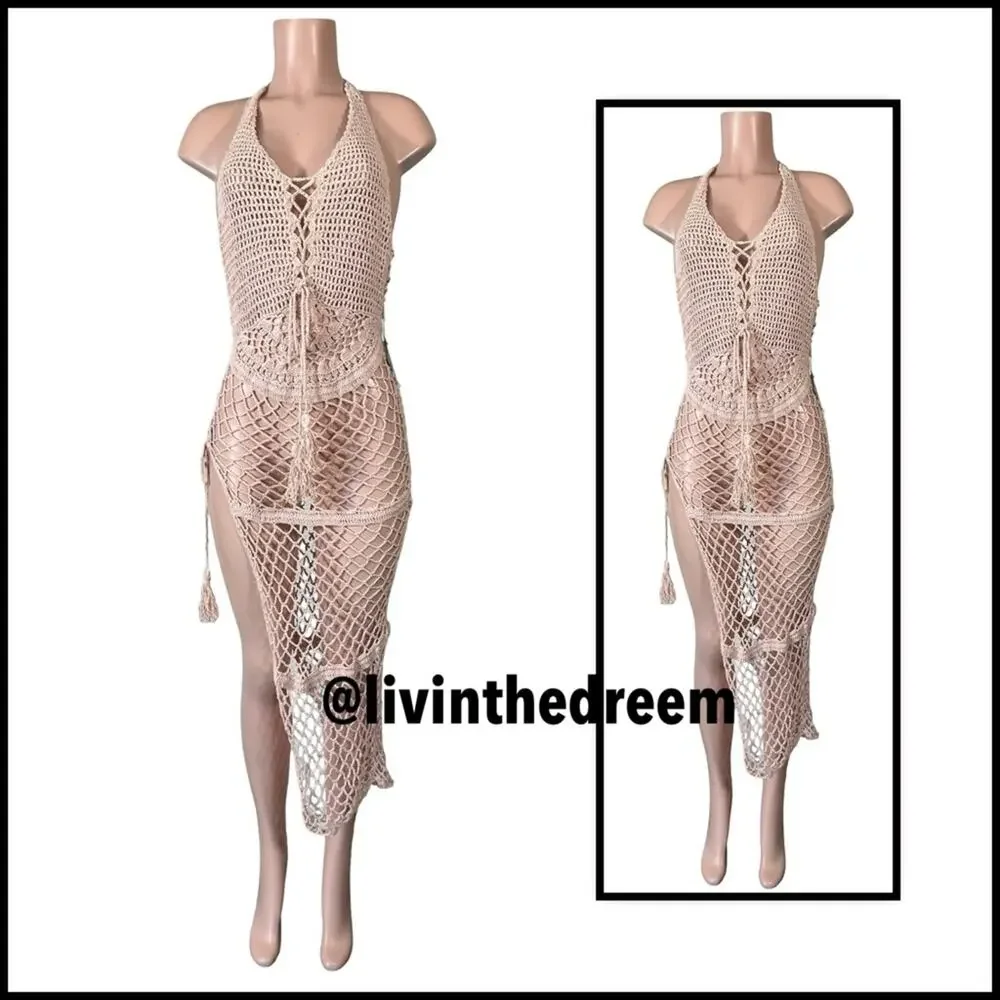 Frankies Mauve Crochet Bikinis Sunrise Cover Up Dress SZ L $250
